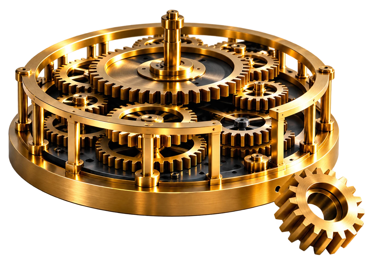 Gold clockwork mechanism symbolizing the systems of a self-sufficient company